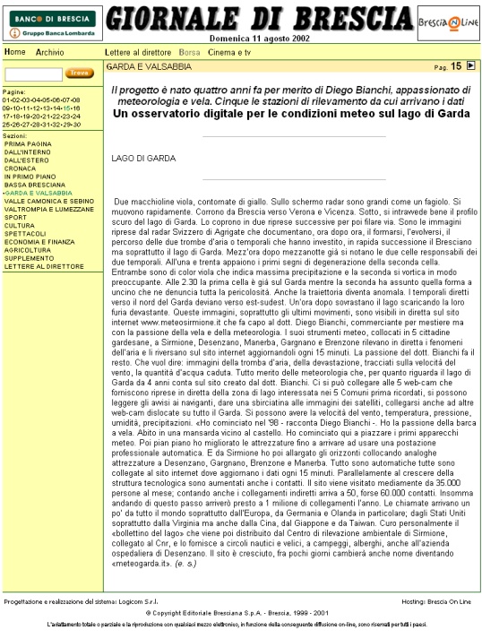 Giornale di Brescia: Un osservatorio digitale per le condizioni meteo sul lago di Garda